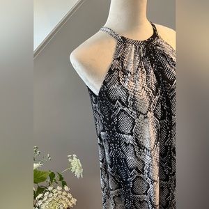 NICOLE MILLER New York Halter Dress Lined Top Snake Print Sleeveless Black White
